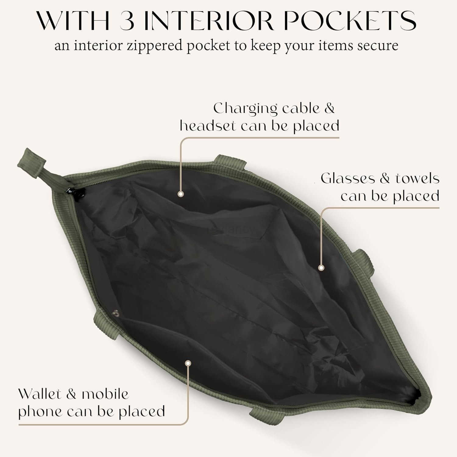 Large Corduroy Tote Bag for Women Everyday Shoulder Bag with Pockets and Zipper for Work Travel VacationW250913