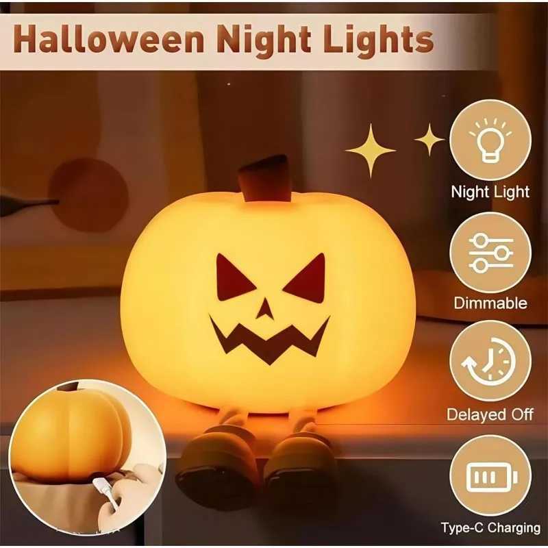 Halloween Pumpkin Night Lights Cute Soft Silicone Safe Lamp Decorations Timing Dimmable Bedside Decor Kids Baby Halloween Gifts C250913