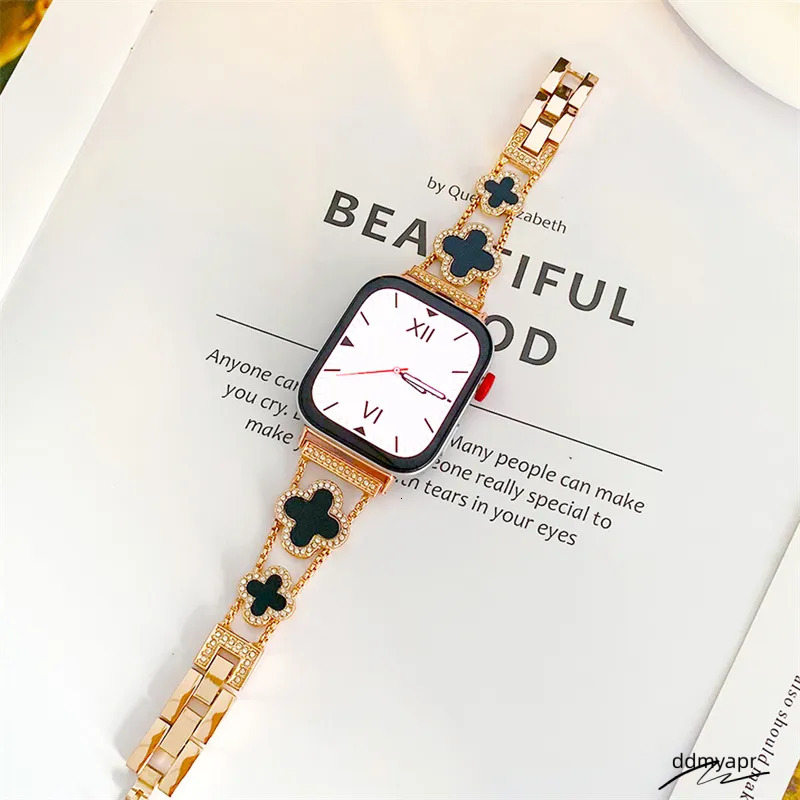 Four Leaf Clover Apple Watch 40Mm 44Mm 42Mm 45Mm 49Mm 46Mm Women Flowers Metal Bracelet For Iwatch Series 10 9 8 7 6 5 4 3 SE Ultra 2 Dia Smart Straps