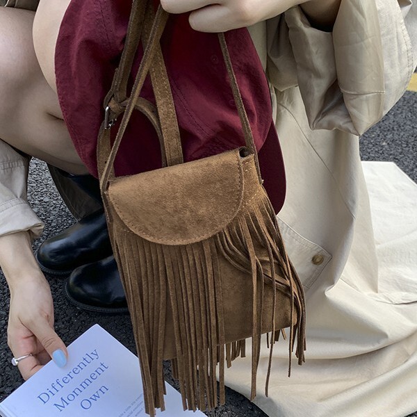 Korean Retro Matte Suede Fringe Women s Phone Bag Fashion Trend Suede design Women s Shoulder Bag Autumn New Designer Bag Women s Crossbody Bag