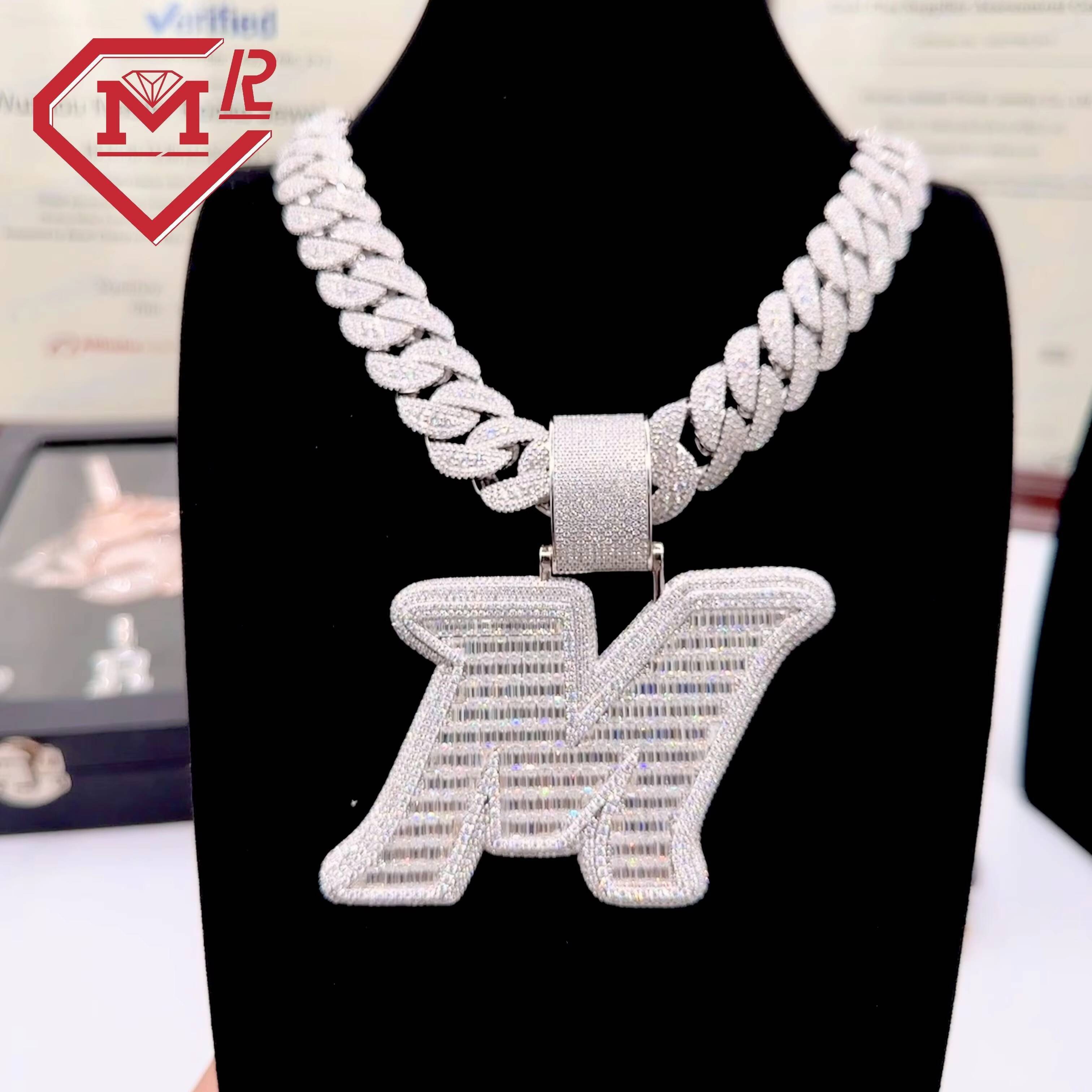 Big Size Mossanite Pendant Hip Hop Iced Out Initial Letter 925 Silver Baguette Cut Custom Moissanite Pendant