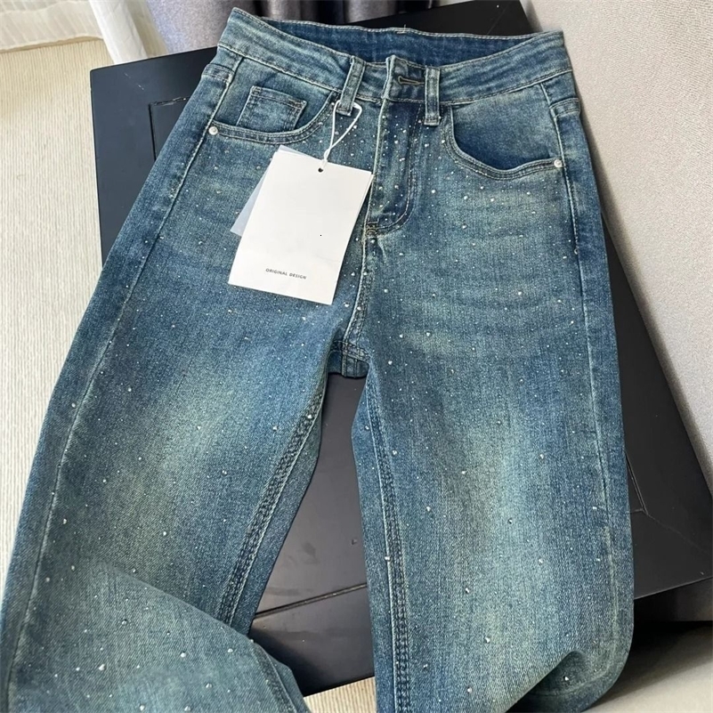 Retro Washed Diondencrusted Jeans Womens Spring Sense Highwaisted Straightleg Loose Wideleg Mopping Pants Z260313