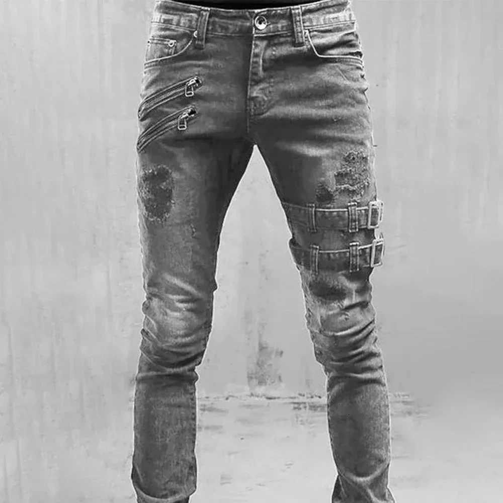 Retro Moto Biker Straight Elastic Jeans Men Zipper Hole Streetwear Punk Skinny Denim Cargo Pants Pantalones Hombre Y2K Clothing1 Y251105