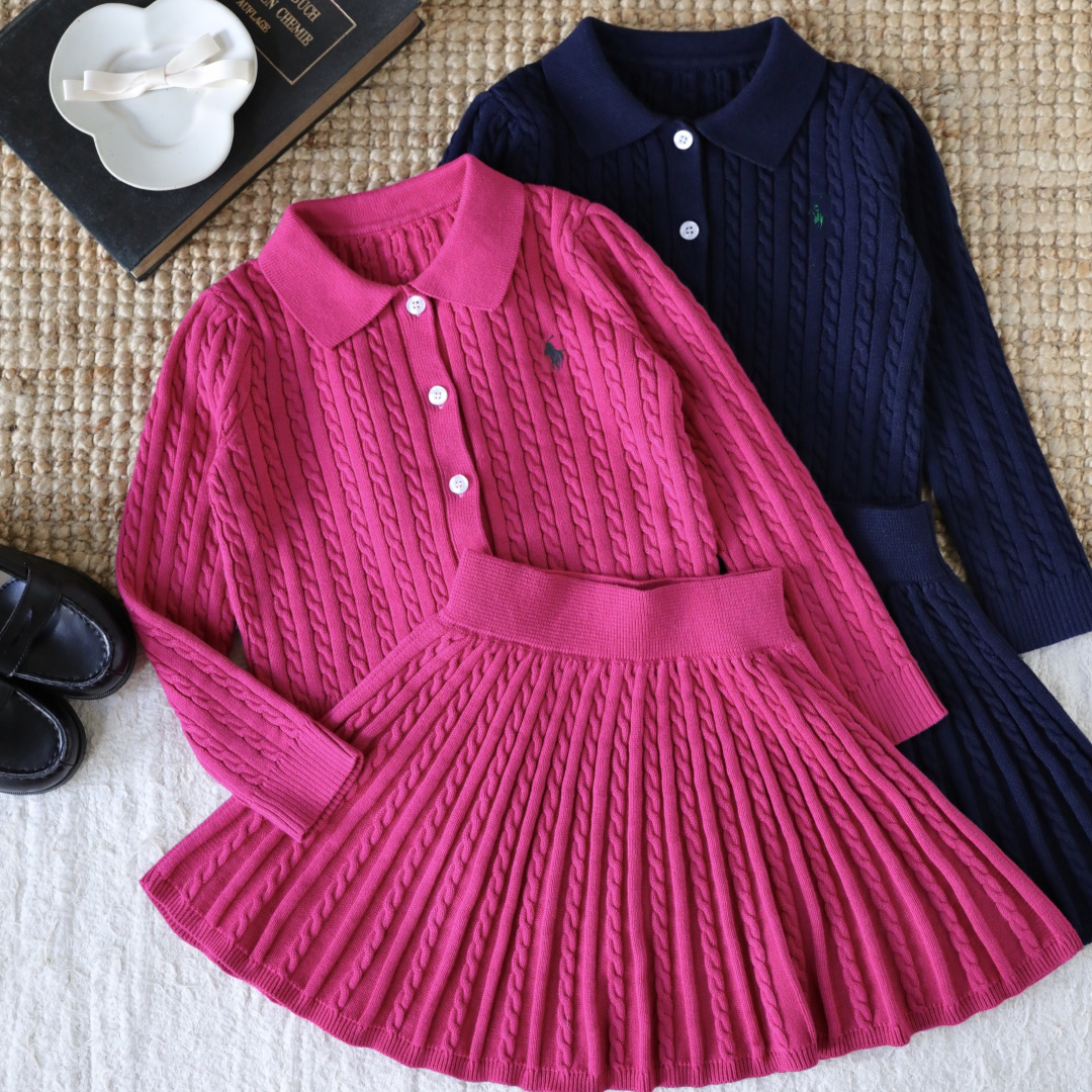New kids designer clothes Party Stylish 1-13 Years Old Girls Two-Piece Set Polo style Knit Top Pleated Mini Skirt Perfect for Spring and Autumn brand dresses 01