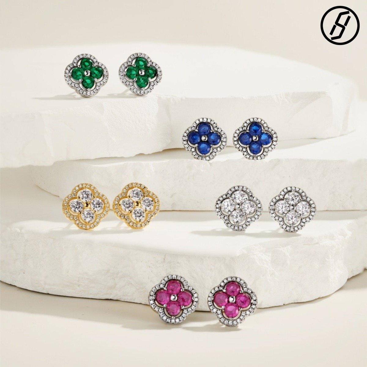 Fine Craft S925 Sterling Silver Zircon Four-petal Flower Earrings Retro INS Fashion Four-leaf Clover Earrings Designer Jewelry Original Jewelry Wholes