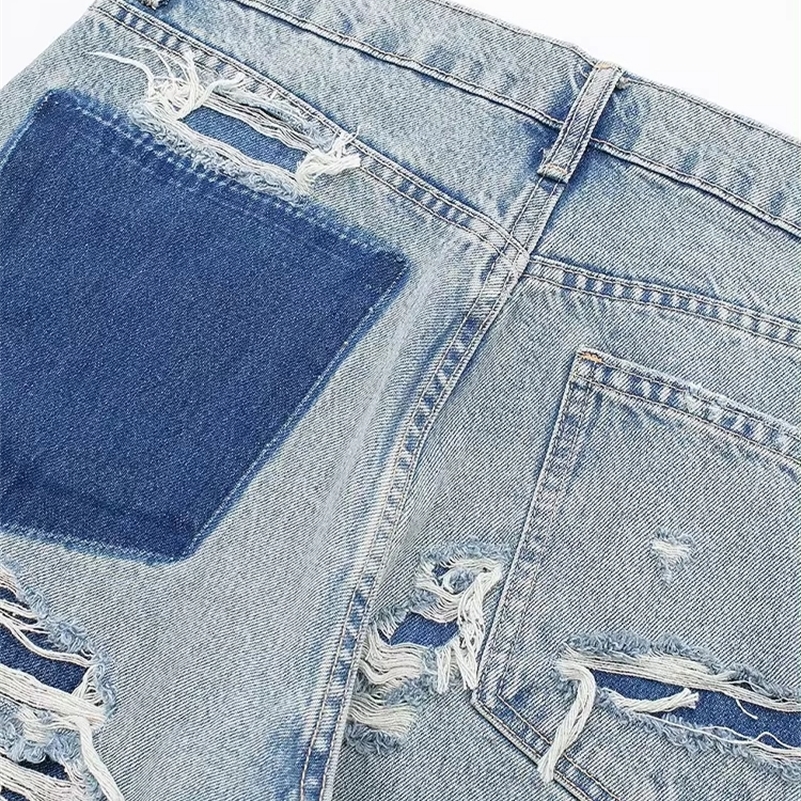 TRAFZA Womens Street Fashion Denim Blue Jeans Distressed Patchwork High Waist Zipper Fly Ripped Retro Long Pants Z260313
