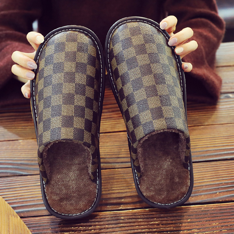 2025 New Premium Leather House Slippers for Men and Women, Winter Warm Thermal Lined Thick Sole Non-Slip Indoor Waterproof Home Slides