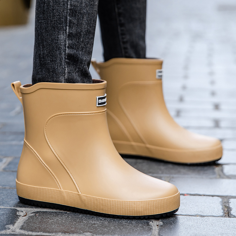 Mens MidCalf Waterproof NonSlip Fashionable Outdoor Water Shoes Short Tube Overshoes FleeceLined Water Shoes Fishing Rubber Shoes 241115