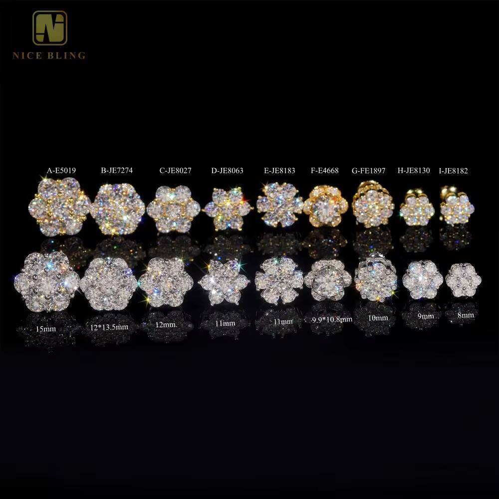 Hot Sale Pass Diamond Tester Hip Hop 925 Silver Gold Plated VVS Diamond Moissanite Flower Stud Earrings Cluster