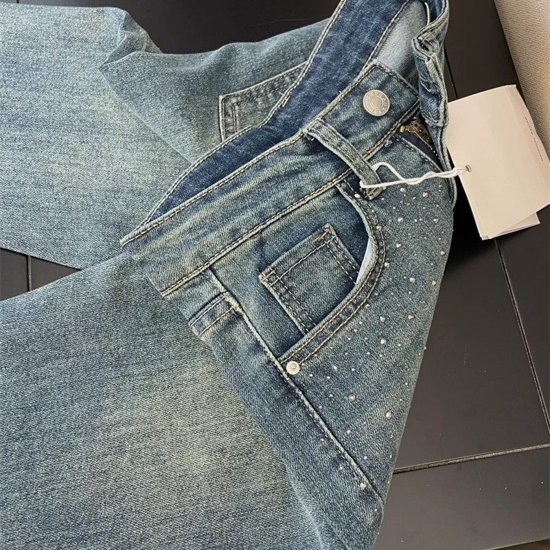 Retro Washed Diondencrusted Jeans Womens Spring Sense Highwaisted Straightleg Loose Wideleg Mopping Pants Z260313