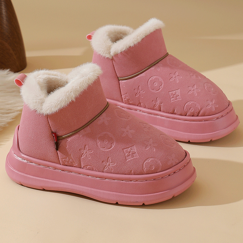 free shipping Fashionable printed home couple faux leather waterproof indoor anti slip home warm slippers with soft sole and plush cotton mop for wint