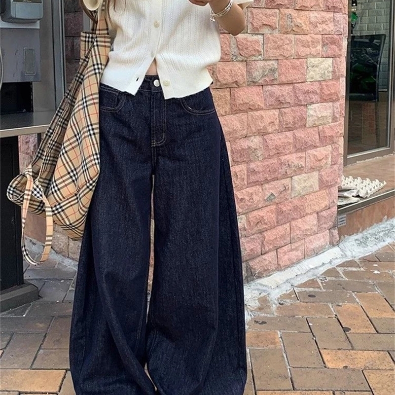 Womens Deep Blue Loose Wide Leg Jeans Street Cool Girl High Waist Baggy Pants Female Casual Straight Denim Trousers Z260313