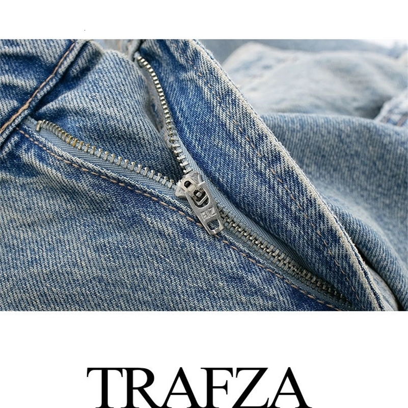 TRAFZA Womens Street Fashion Denim Blue Jeans Distressed Patchwork High Waist Zipper Fly Ripped Retro Long Pants Z260313