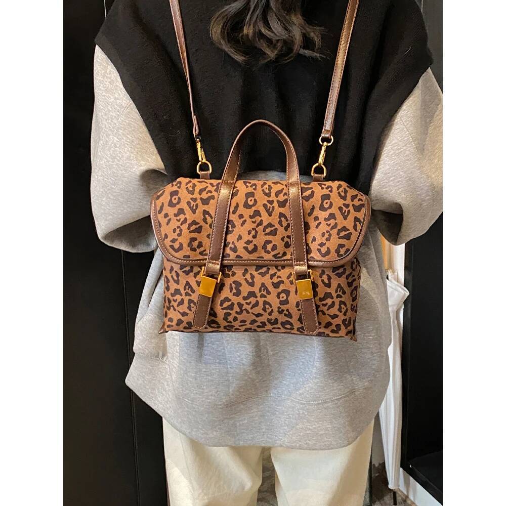 Leopard print women design s backpack large capacity Pu suede women s shoulder bag commuting briefcase autumn new designer bag women s backpack