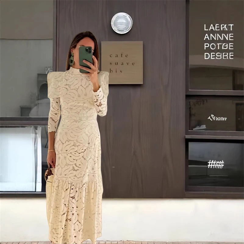 Elegant Hollow Out Long Dress Women High Collar Long Sleeve Slim Solid Dresses 2025 Spring Summer Patchwork Lady Party Robe 250912