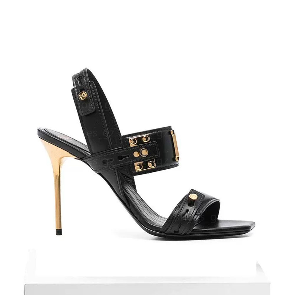 New Buckle decoration slides sandals slippers Square toe heels slip on stiletto heeled open toe shoes women's luxury designer evening shoes sandal 10.5cm 35-42