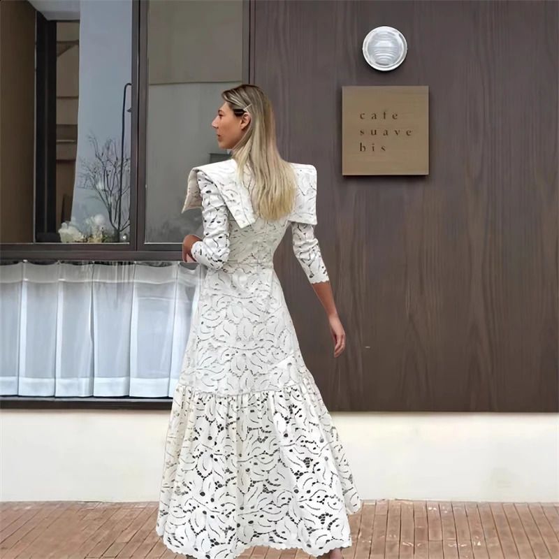 Elegant Hollow Out Long Dress Women High Collar Long Sleeve Slim Solid Dresses 2025 Spring Summer Patchwork Lady Party Robe 250912