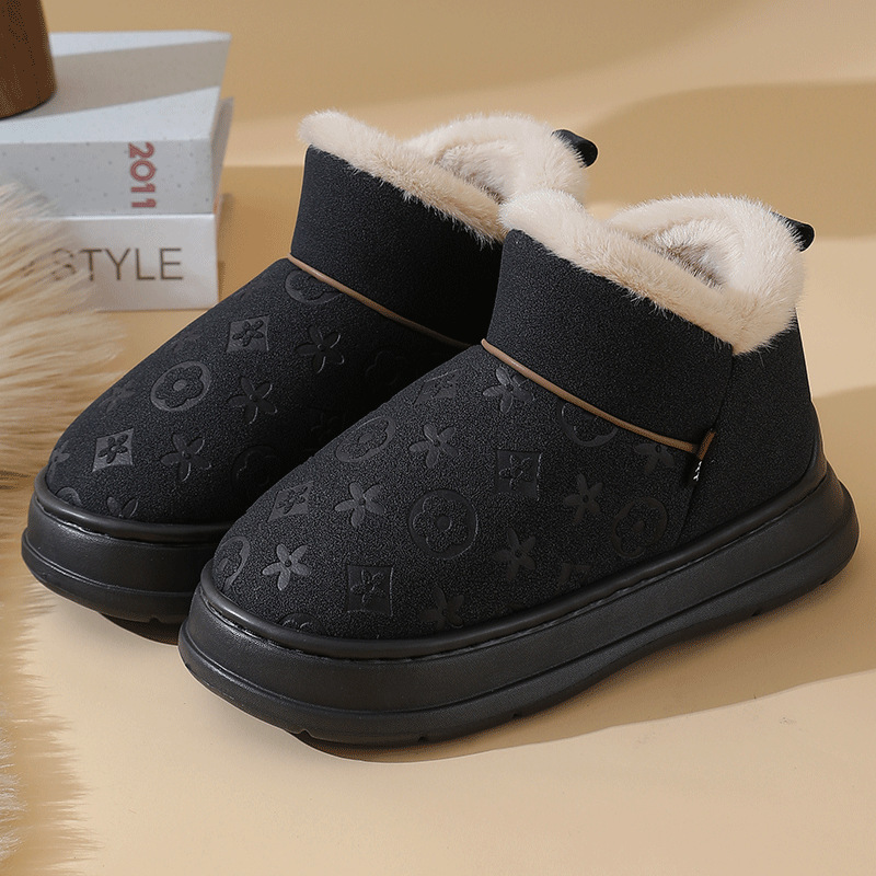 free shipping Fashionable printed home couple faux leather waterproof indoor anti slip home warm slippers with soft sole and plush cotton mop for wint