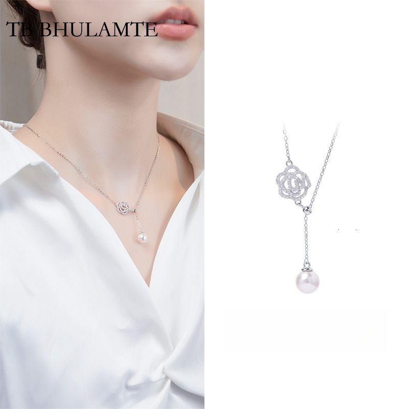 TB BHULAMTE S925 Pure Silver Camellia Accessories Pearl Pendant Necklace Women's Fashionable Niche High-end Luxury Designer Chain Jewelry Minimal