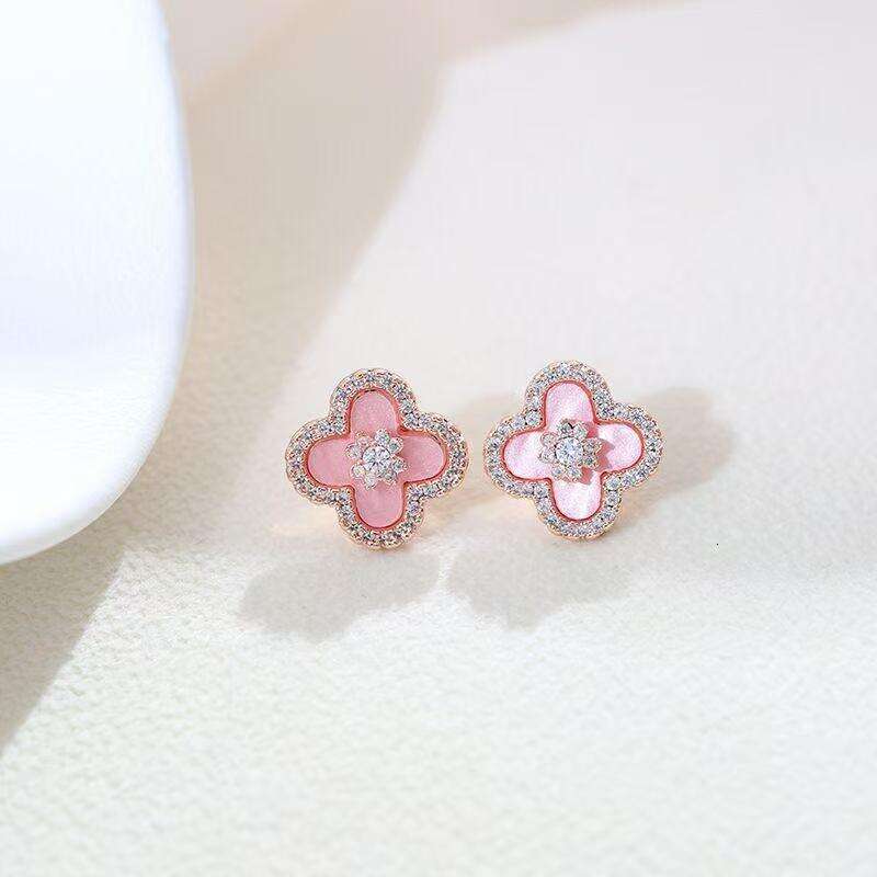 Pink Shell Four-Leaf Flower Earrings Necklace Four-Piece High-End Light Niche Jewelry Set for Women