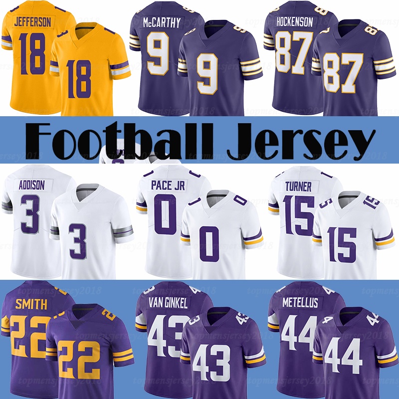 9 JJ McCarthy 18 Justin Jefferson 44 Josh Metellus Football Jersey 43 Andrew Van Ginkel 22 Smith 87 Hockenson 0 Pace Jr 15 Turner 74 Jackson 33 Aaron Jones 71 Darrisaw