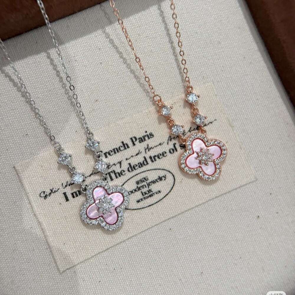 Pink Shell Four-Leaf Flower Earrings Necklace Four-Piece High-End Light Niche Jewelry Set for Women