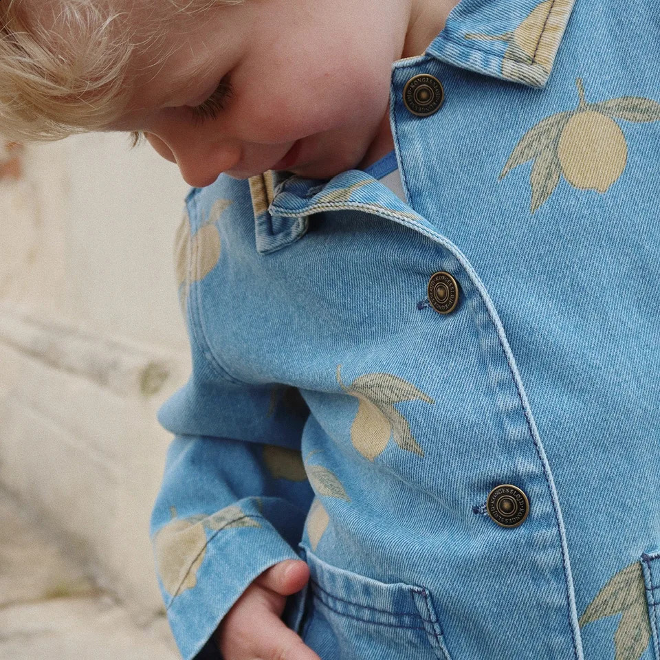 Konges Slojd SS Baby Boys Lemon Print Jackets Kids Clothes Retro Denim Jeans Overalls Set for Boys Girls Bow Tie Dresses Coats 250912