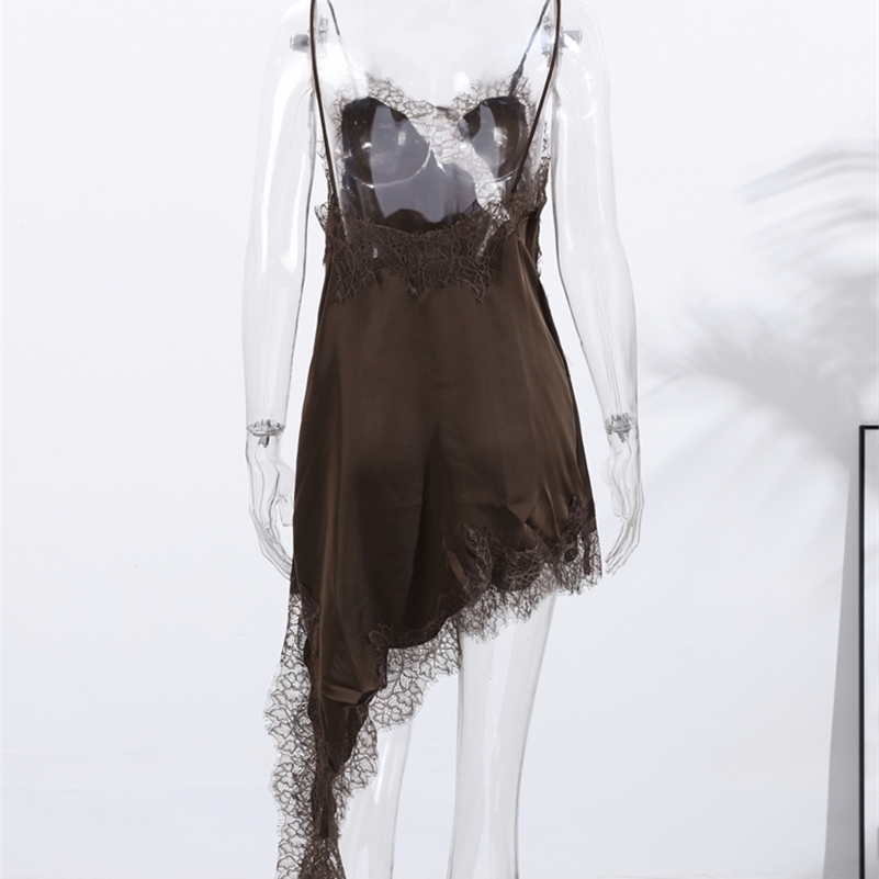 Brown Satin Sexy Lace Spliced Short Sling Dress Women Vneck Sleeveless Backless Asymmetric Party Dresses 2025 Summer Lady Robes 250912