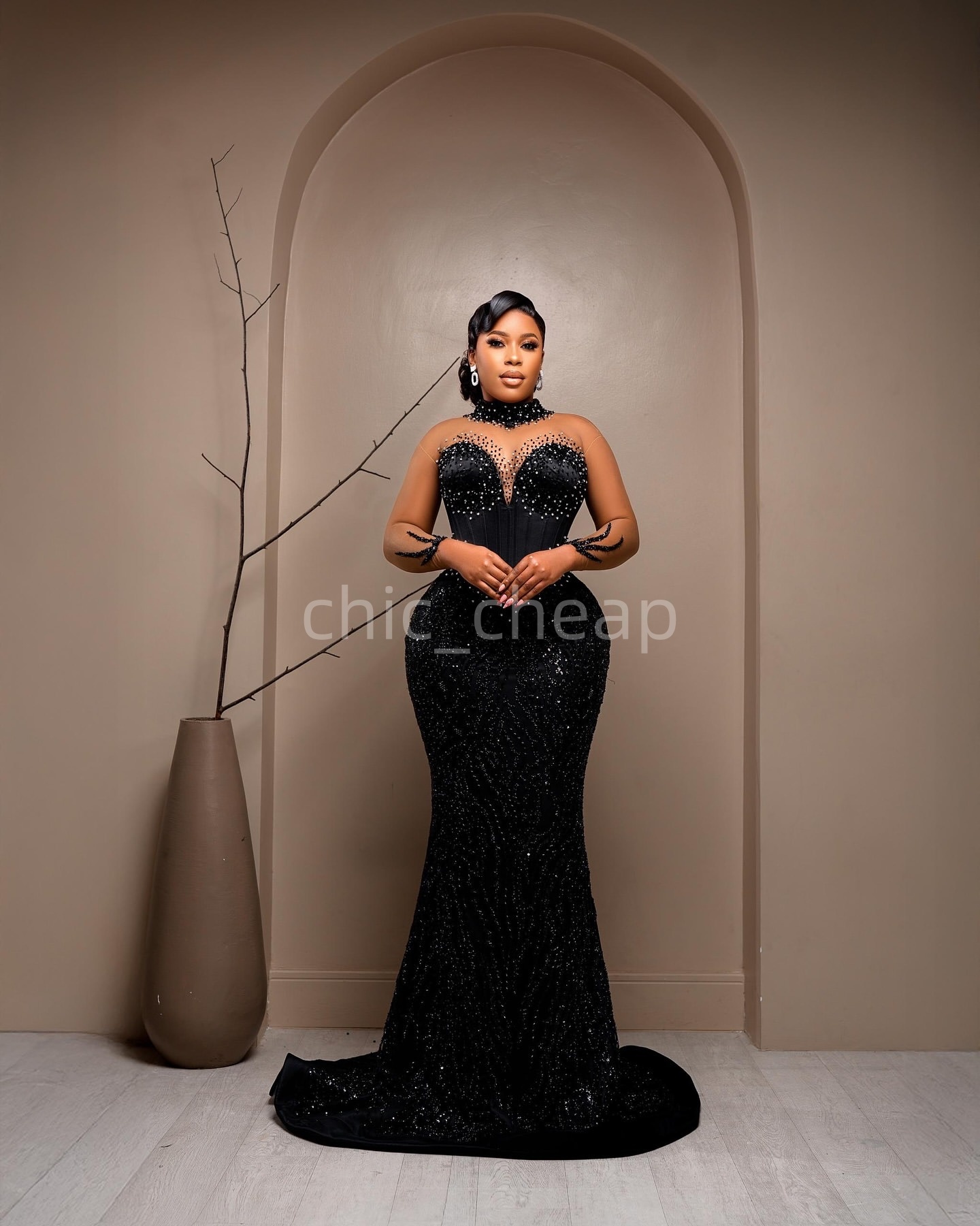Aso Ebi Black Mermaid Prom Dresses 2025 Beaded Pearls Sheer Neck Evening Formal Party Second Birthday Engagement Gowns Plus Size Dress For Special Occ