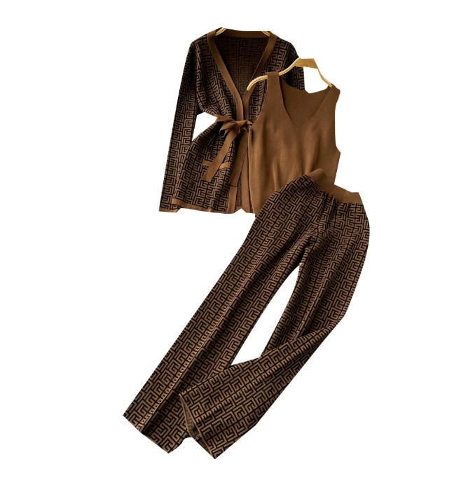 Fashion Set for Womens Autumn and Winter Long Sleeved Round Neck Loose Jacquard Knit Sweater Top three-piece High Waisted Straight Leg Wide Leg Pants