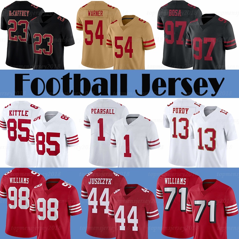 13 Brock Purdy 85 George Kittle 54 Fred Warner Football Jersey 97 Nick Bosa 23 Christian McCaffrey 44 Kyle Juszczyk 2 Deommodore Lenoir 71 Trent Williams 15 Jennings