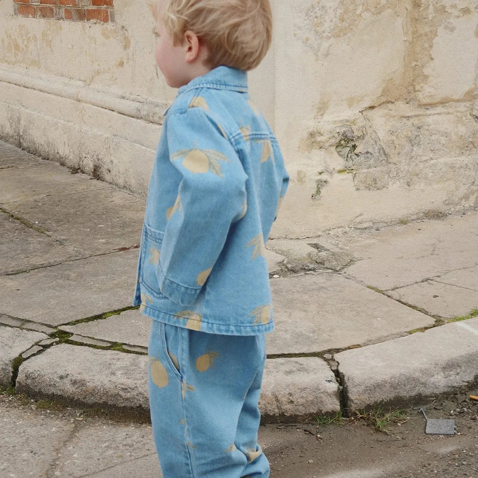 Konges Slojd SS Baby Boys Lemon Print Jackets Kids Clothes Retro Denim Jeans Overalls Set for Boys Girls Bow Tie Dresses Coats 250912