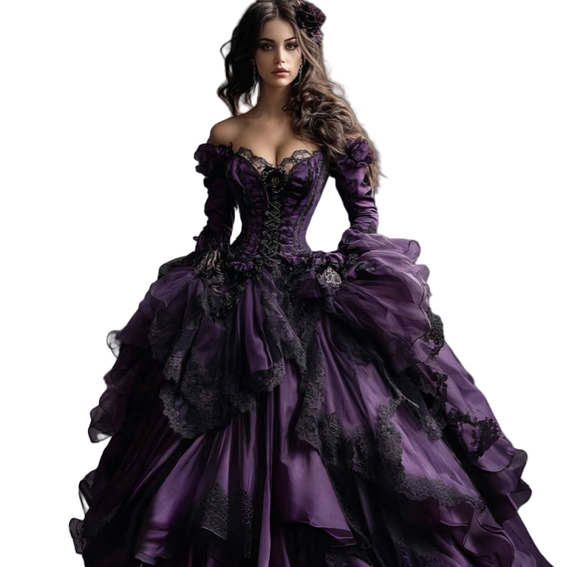 Vintage Period Prom Dresses Ruffle Tiers Dark Purple And Black Gothic Halloween Masquerade Dress Off Shoulder Long Sleeves Tulle Corset Special Occasi