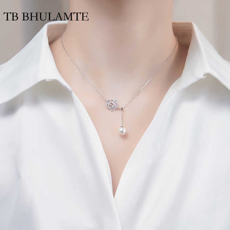 TB BHULAMTE S925 Pure Silver Camellia Accessories Pearl Pendant Necklace Women's Fashionable Niche High-end Luxury Designer Chain Jewelry Minimal