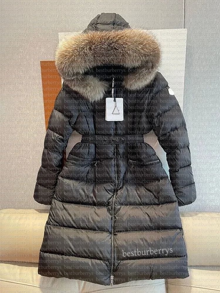 Designer Winter Women's down Jacket Fox Fur collar Embroidered Boed badge Warm Fashion Jacket with Belt Women's cotton coat with large pockets tucked in waist F