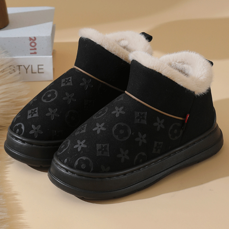 free shipping Fashionable printed home couple faux leather waterproof indoor anti slip home warm slippers with soft sole and plush cotton mop for wint
