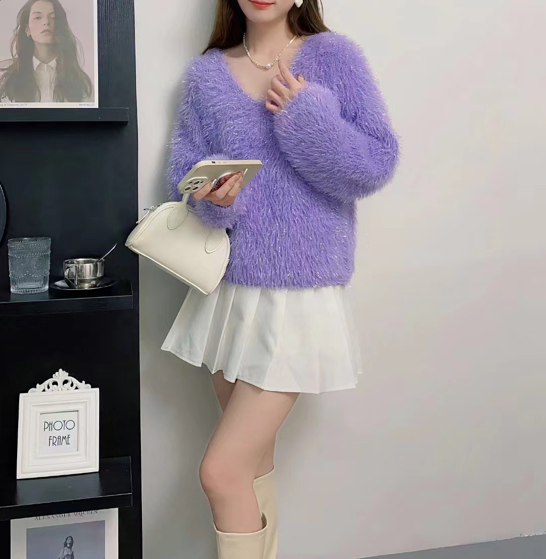 Soft Faux Mink Velvet Short Sweater for Women New Autumn Winter Lazy Style Loose Shiny Knitted VNeck Top 210430