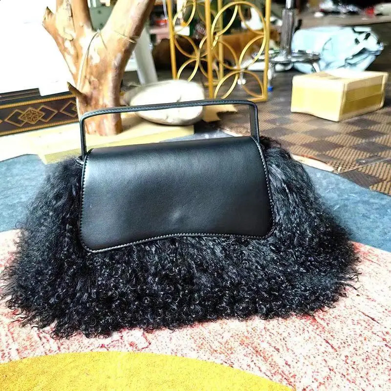 Jxwatcher ious Fashion Leather Handbag with Fur Autumn Winter Fluffy Real Mongolian Sheep Fur Bag Casual Evening Party Bags 250912