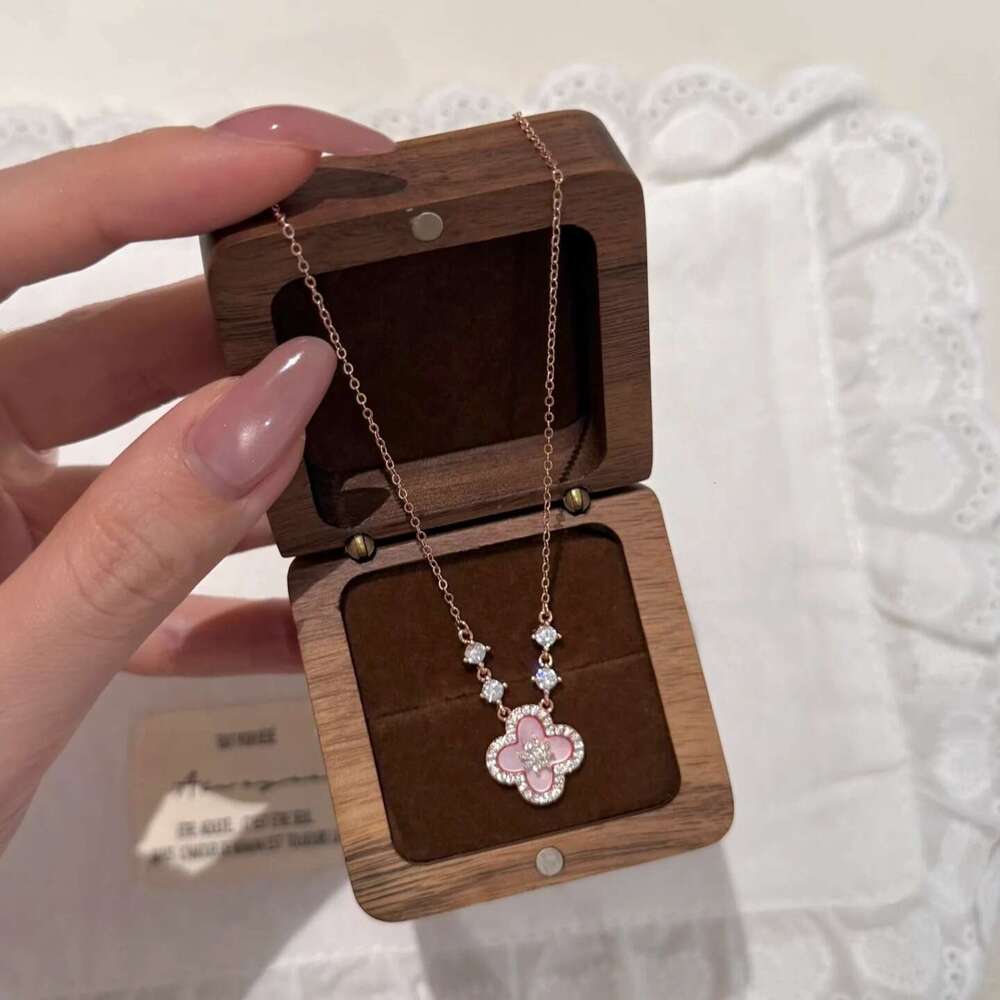 Pink Shell Four-Leaf Flower Earrings Necklace Four-Piece High-End Light Niche Jewelry Set for Women