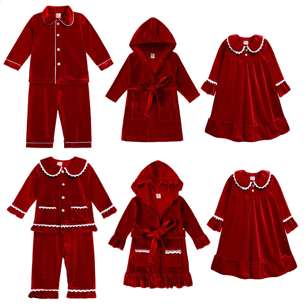 Christmas Kids Costume Red Velvet Long Sleeve Pyjamas Sets Family Match Toddler Boy Girl Robes Dress Suit Xmas Gift Clothes 241112