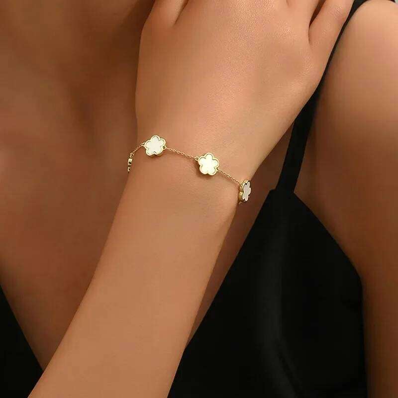Double Sided Clover Bracelet for Women 14K Gold Silver Plated Stainless Steel Plant Flowers Link Charm Bracelets Jewelry Gift