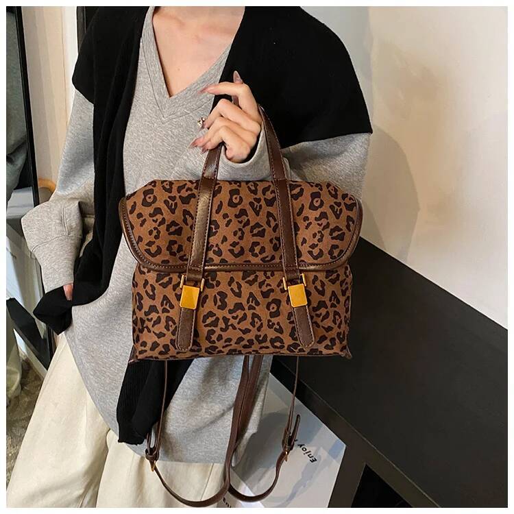Leopard print women design s backpack large capacity Pu suede women s shoulder bag commuting briefcase autumn new designer bag women s backpack