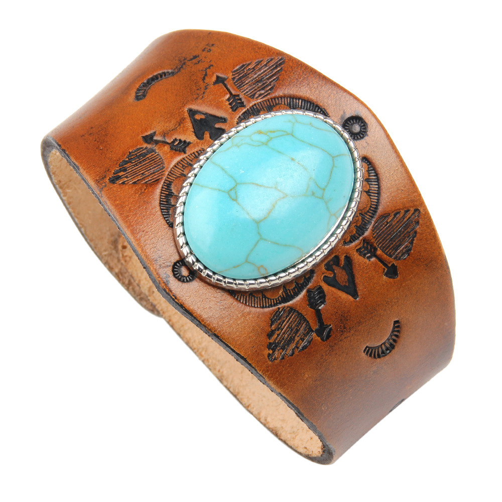 Ethnic Style Fashion Bracelet Cowhide Large Turquoise Totem Texture Light Genuine Leather Bangle ddmymoon