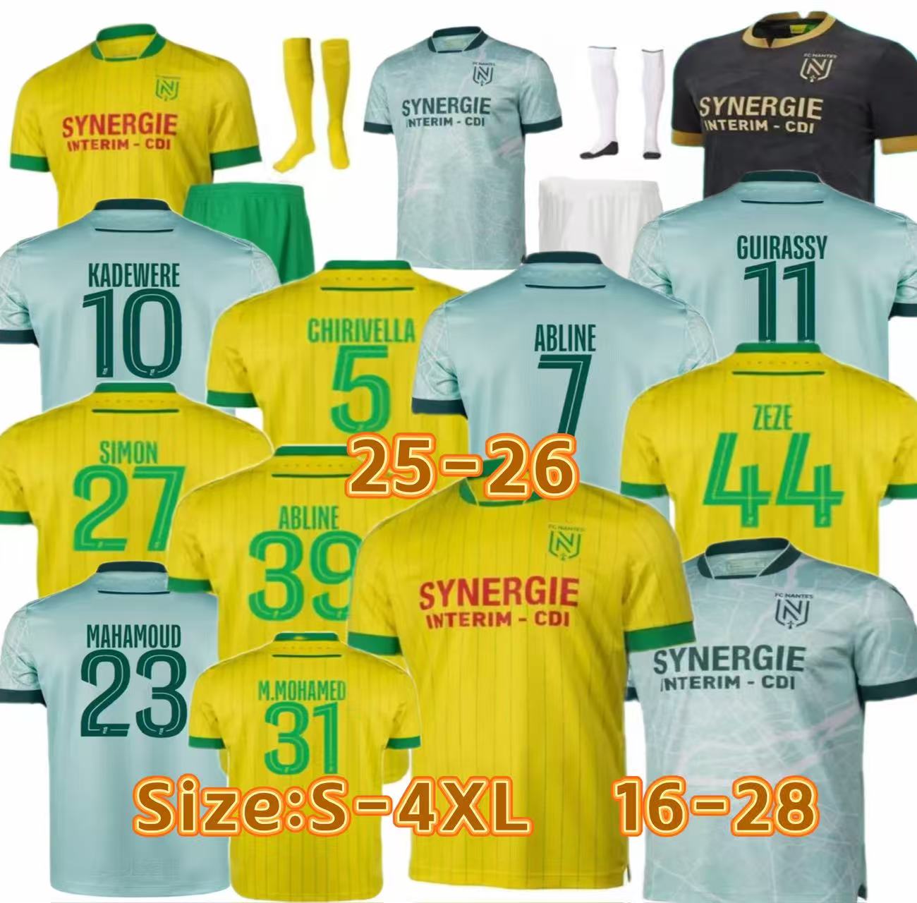 25 26 Nantes FC Soccer Jerseys ABLINE SIMON M.MOHAMED GUIRASSY KADEWERE LEPENANT AMIAN S.SOW LEROUX ZEZE 25 26 Home Away Men kids kit socks football shirts size S-4XL
