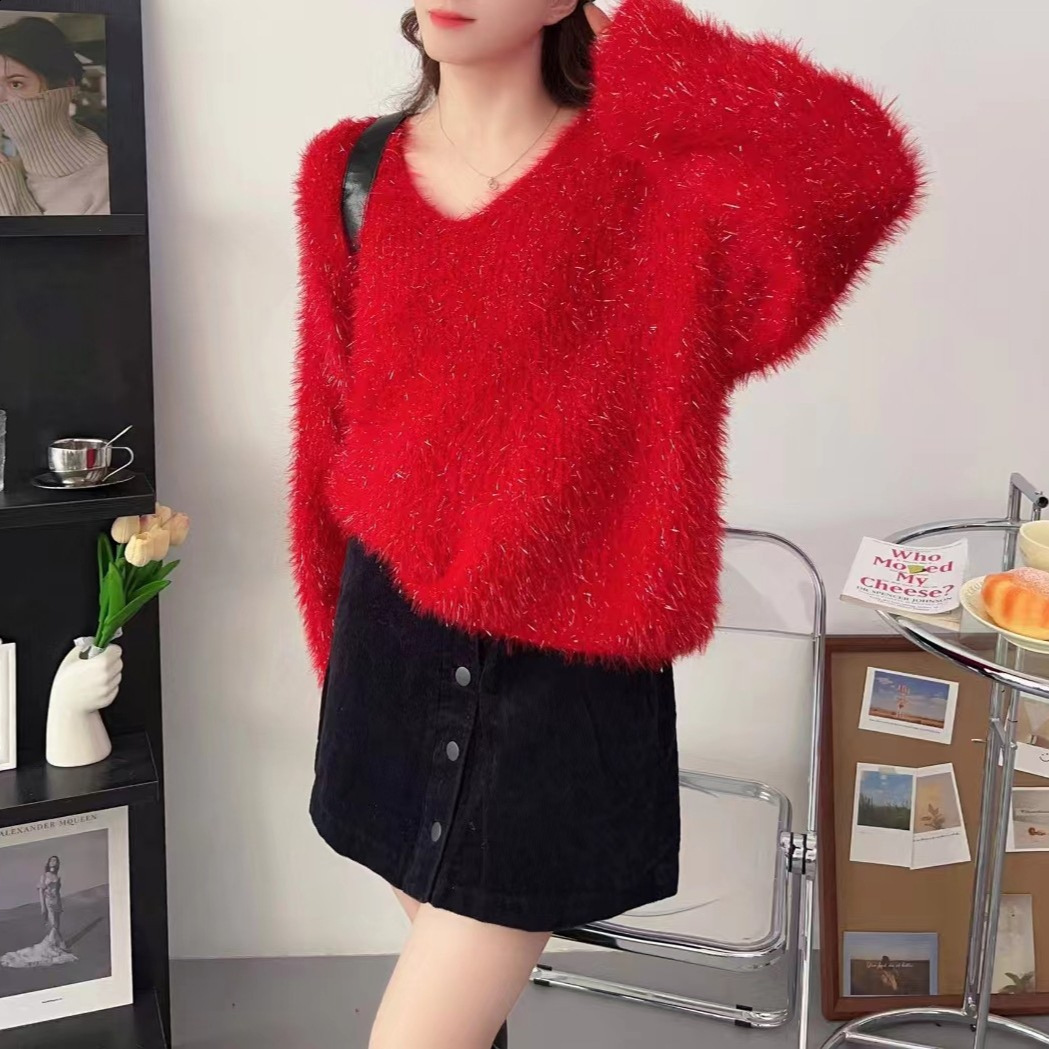 Soft Faux Mink Velvet Short Sweater for Women New Autumn Winter Lazy Style Loose Shiny Knitted VNeck Top 210430