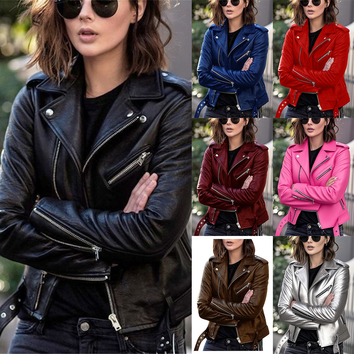 Lautaro Y2k Short Green Gecko Biker Leather Jacket Long Sleeve Zipper Belt Colored Stylish Outerwear for Women Fashion 241114