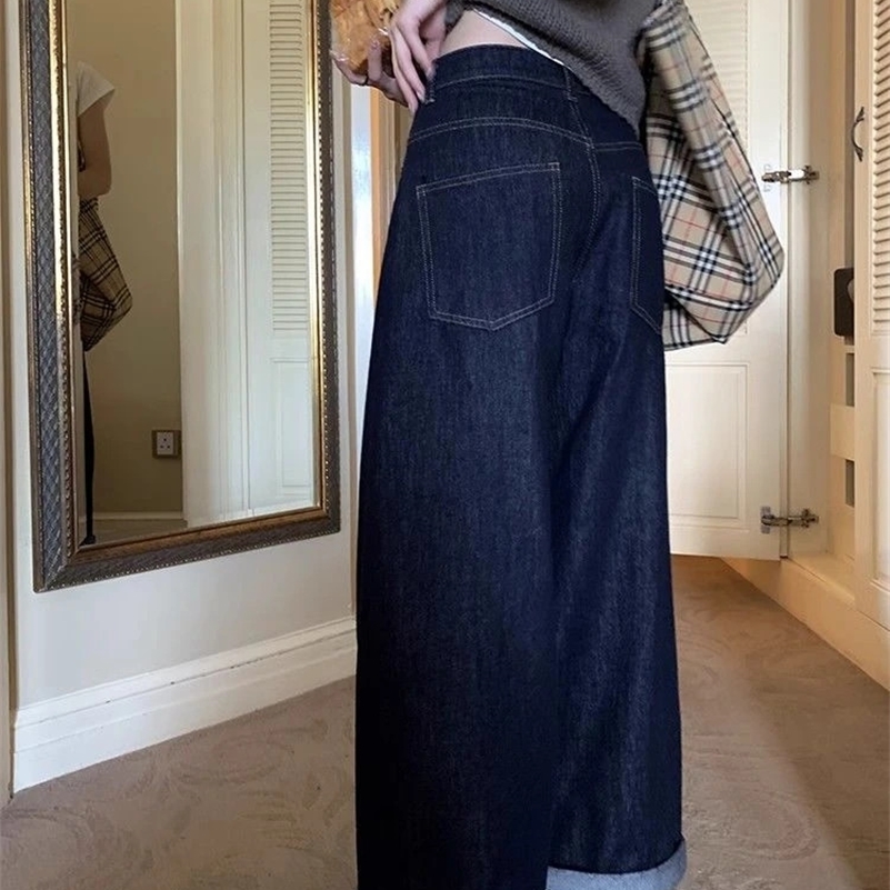Womens Deep Blue Loose Wide Leg Jeans Street Cool Girl High Waist Baggy Pants Female Casual Straight Denim Trousers Z260313