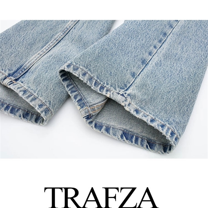 TRAFZA Womens Street Fashion Denim Blue Jeans Distressed Patchwork High Waist Zipper Fly Ripped Retro Long Pants Z260313