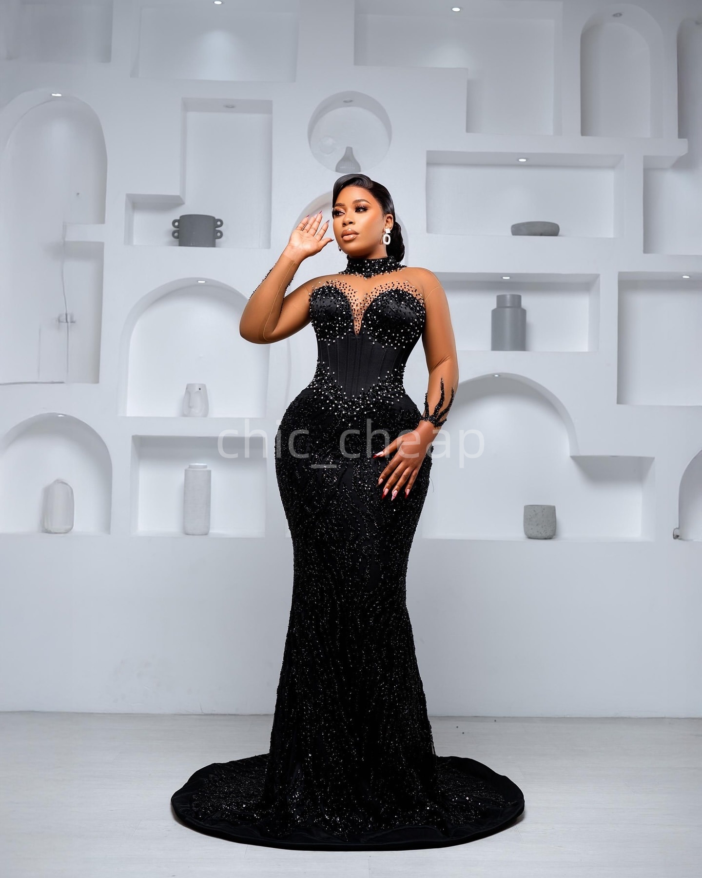 Aso Ebi Black Mermaid Prom Dresses 2025 Beaded Pearls Sheer Neck Evening Formal Party Second Birthday Engagement Gowns Plus Size Dress For Special Occ