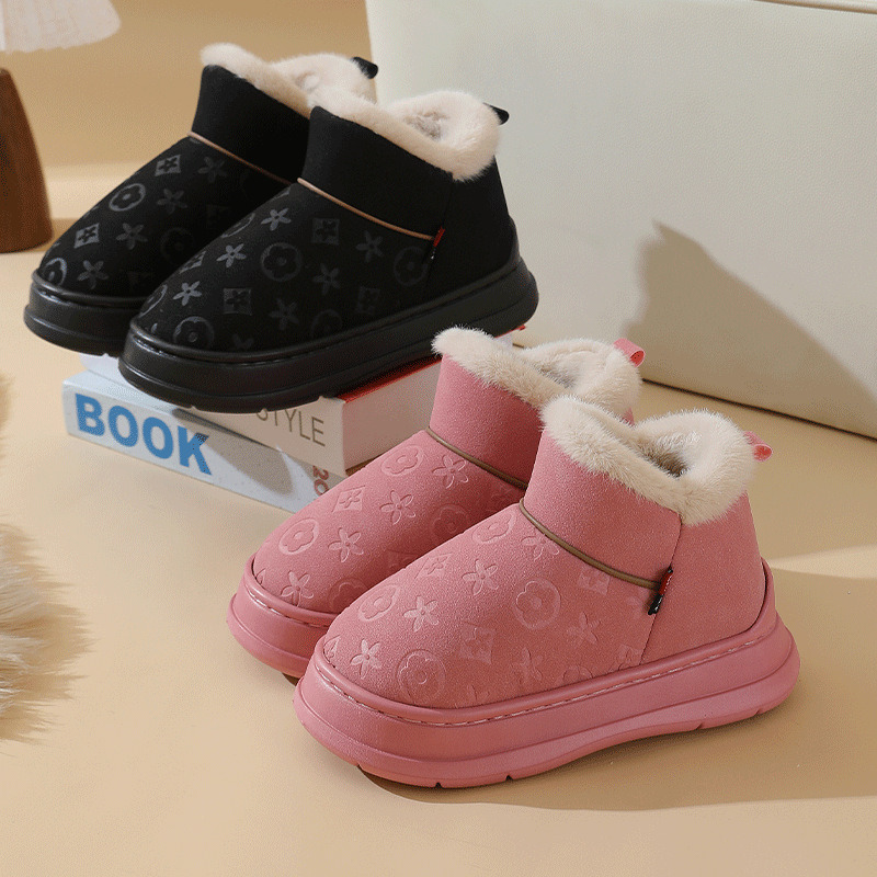 free shipping Fashionable printed home couple faux leather waterproof indoor anti slip home warm slippers with soft sole and plush cotton mop for wint